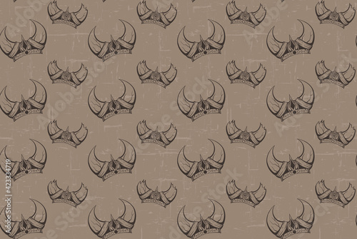 Seamless pattern with the contours of the sketch of the horned viking helmets and grunge scuff. Texture with the ammunition of the ancient warriors of the defenders. Military vintage wallpaper.