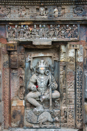 Decorations on the walls of temples in Bhunabeshwar in India