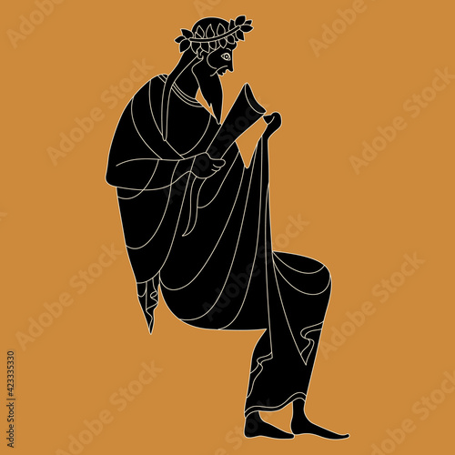 Sitting ancient Greek god Dionysus or Bacchus holding rhyton of wine. Monochrome silhouette. Vase painting style.