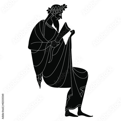 Sitting ancient Greek god Dionysus or Bacchus holding rhyton of wine. Black and white silhouette. Vase painting style.