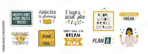 Set of funny planning quotes clip arts.