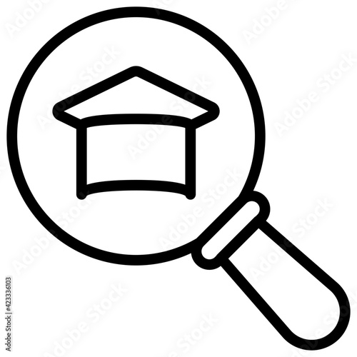 Educational search icon, outline design of mortarboard inside magnifier