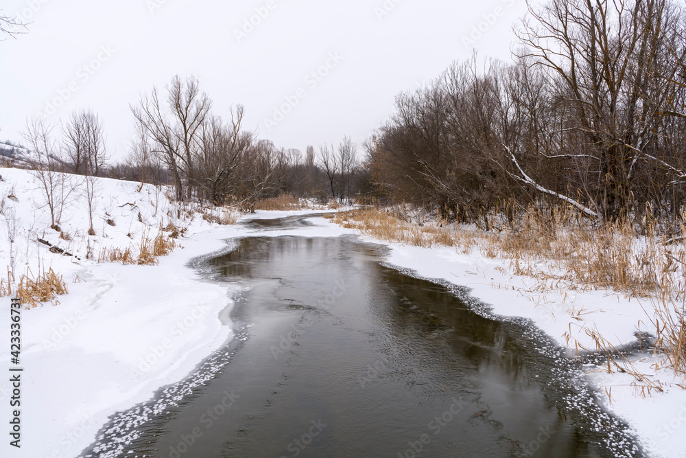 snow on the frozen water of the river snow on the frozen water of the river