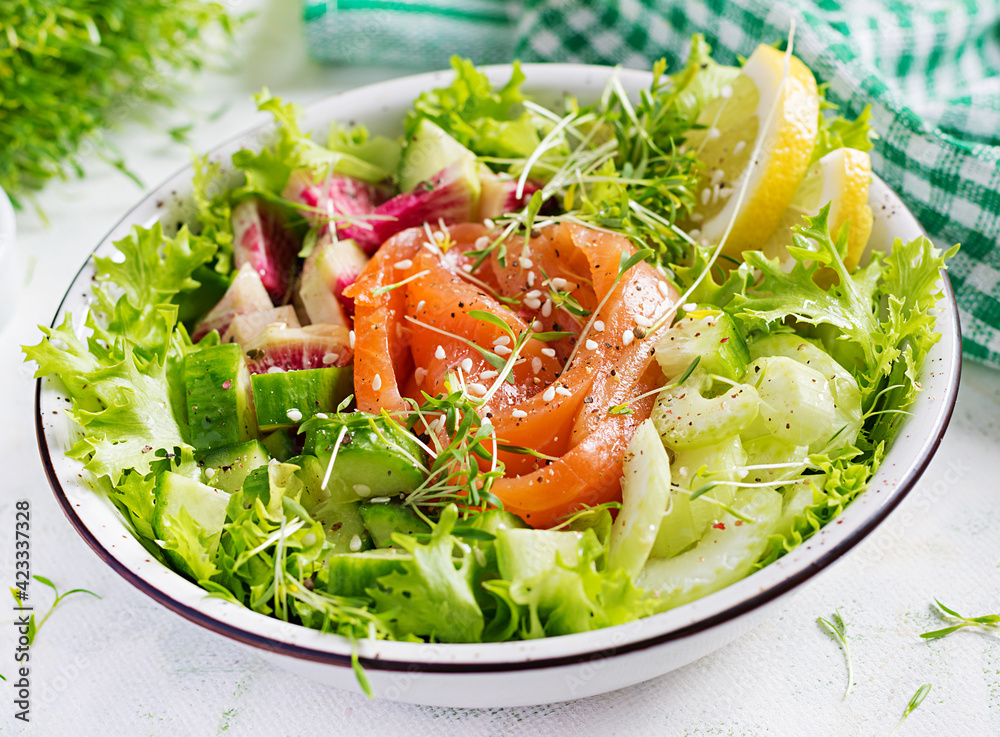 Ketogenic diet breakfast. Salt salmon salad with greens, cucumbers, celery and watermelon radish. Keto, paleo lunch. Ketogenic diet breakfast. Salt salmon salad with greens, cucumbers, celery and watermelon radish. Keto, paleo lunch.