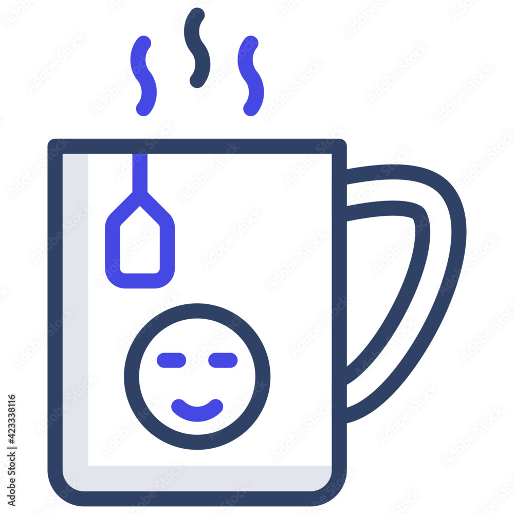 Tea bag with cup and steam, teacup icon in flat design
