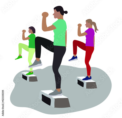 Women doing exercise on aerobic step. Active and healthy lifestyle.
