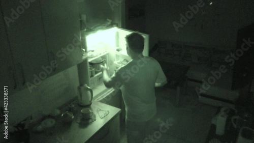 Hidden surveillance camera. Shooting in infrared light. Night-vision device. Food tastes better in the fridge at night.
night in infrared light. photo