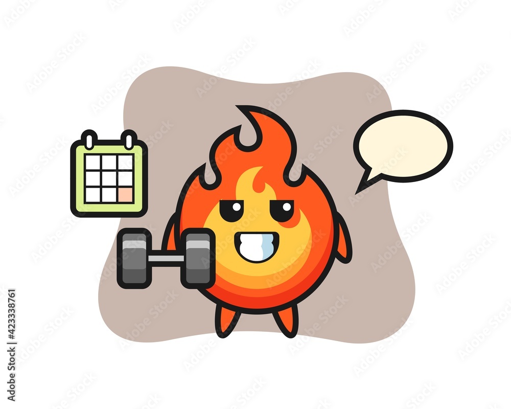 fire mascot cartoon doing fitness with dumbbell