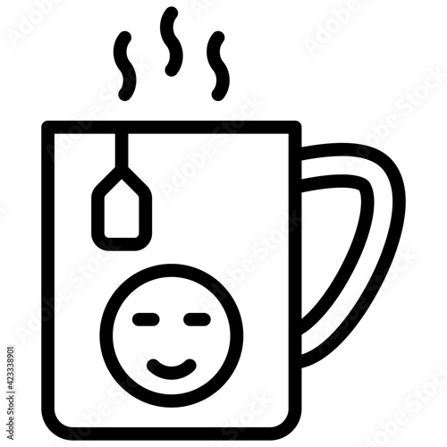 Tea bag with cup and steam, teacup icon in linear design