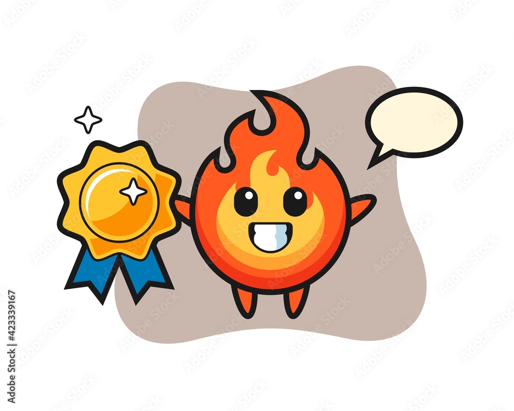 fire mascot illustration holding a golden badge fire mascot illustration holding a golden badge