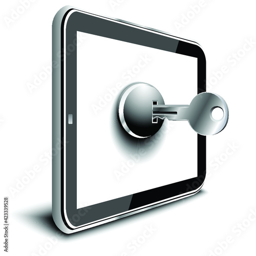 Tablet with key on white background. Isolated 3D image