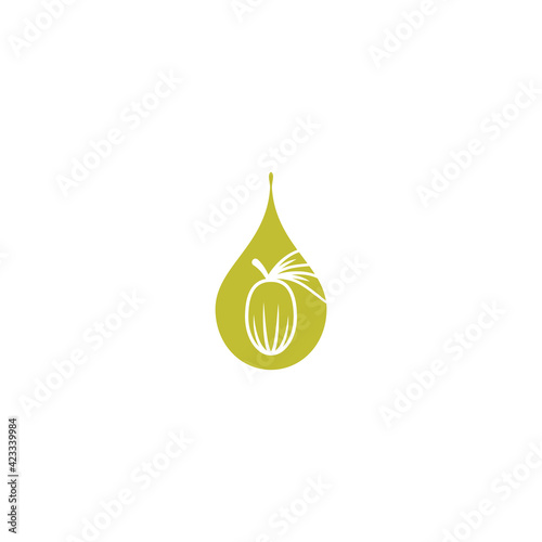Shea nut with oil drop green icon. vitellaria beauty and cosmetics oil.