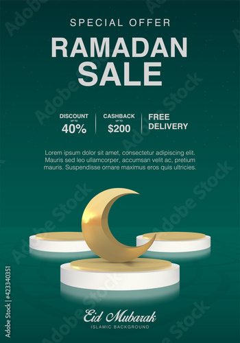 Ramadan Kareem promotional banner background template vector design Decorated With 3d Realistic golden crescent moon standing on podium. Islamic eid mubarak special sale 
