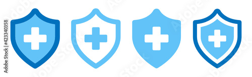 Blue medical health protection shield with cross vector icon illustration.