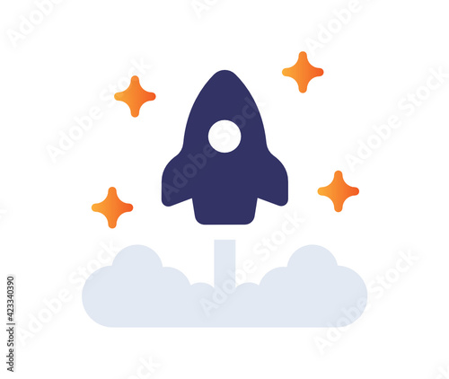 Rocket launch takes off to the sky and clouds of white smoke vector illustration. Business start up concept.