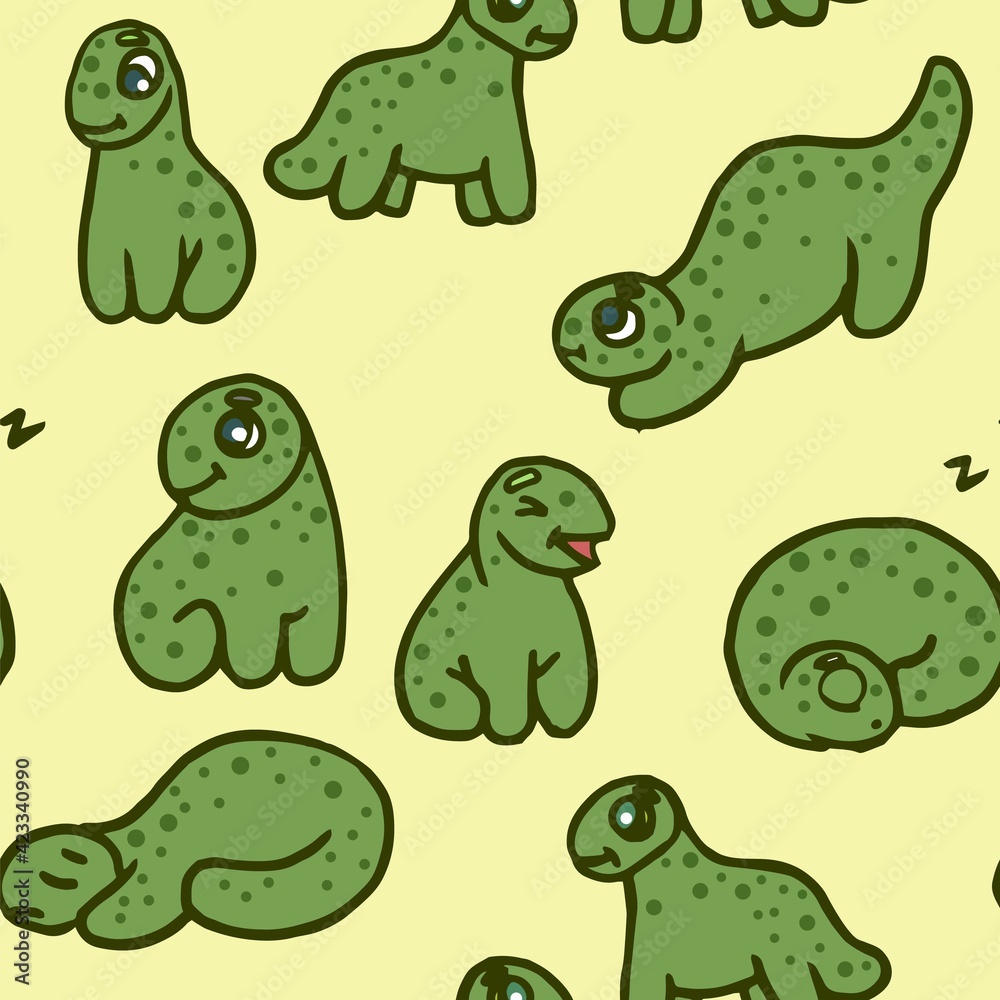 Obraz premium Cheerful funny dinosaur. Seamless dino illustration. Cartoon sketch style. Hand outline drawing of animal. vector