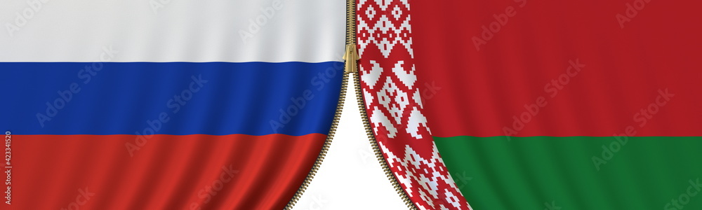 Russia and Belarus political cooperation or conflict, flags and closing or opening zipper, conceptual 3D rendering Russia and Belarus political cooperation or conflict, flags and closing or opening zipper, conceptual 3D rendering
