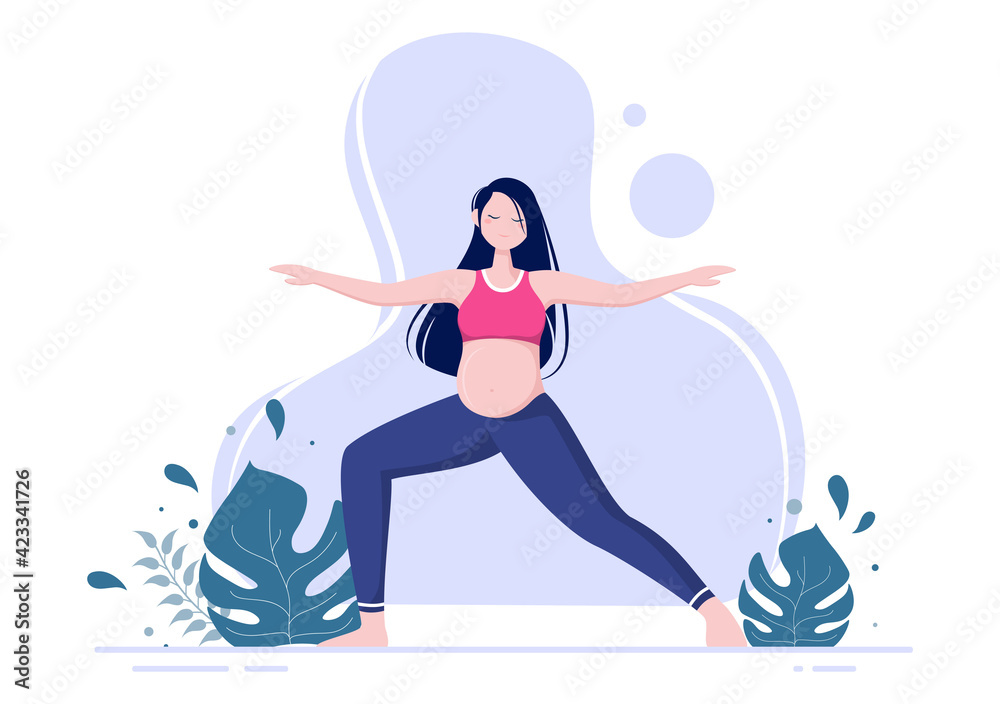 Fototapeta premium Pregnant Woman Doing Yoga Poses With Relaxing, Meditation, Balance Exercises and Stretching. Flat Design Vector Illustration