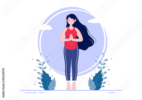 Pregnant Woman Doing Yoga Poses With Relaxing, Meditation, Balance Exercises and Stretching. Flat Design Vector Illustration