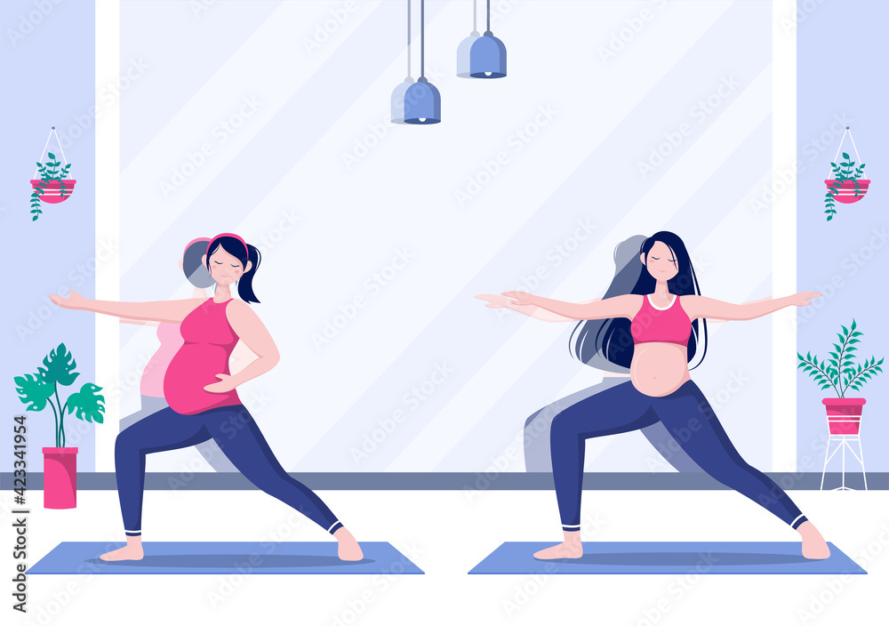 Fototapeta premium Pregnant Woman Doing Yoga Poses With Relaxing, Meditation, Balance Exercises and Stretching. Flat Design Vector Illustration