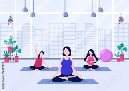 Pregnant Woman Doing Yoga Poses With Relaxing, Meditation, Balance Exercises and Stretching. Flat Design Vector Illustration