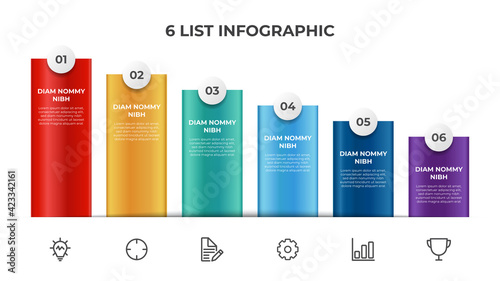 Descending list diagram with 6 points of steps, infographic element layout template vector