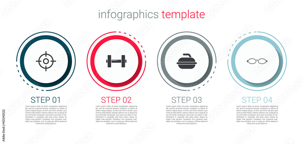 Set Target sport, Dumbbell, Stone for curling game and Glasses swimming. Business infographic template. Vector Set Target sport, Dumbbell, Stone for curling game and Glasses swimming. Business infographic template. Vector