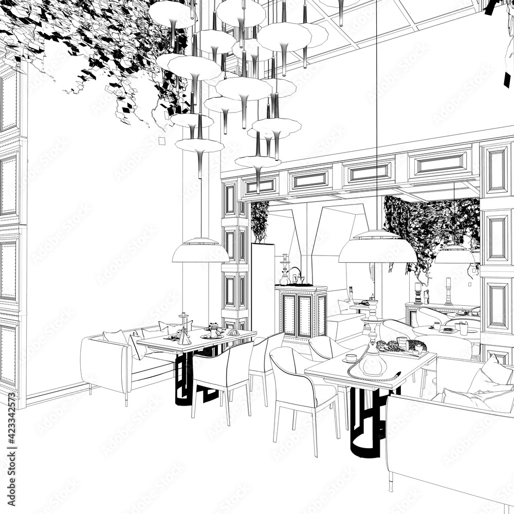 restaurant, 3D illustration, sketch, outline