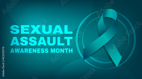 Sexual assault awareness month concept. Banner template with teal ribbon. Vector illustration.