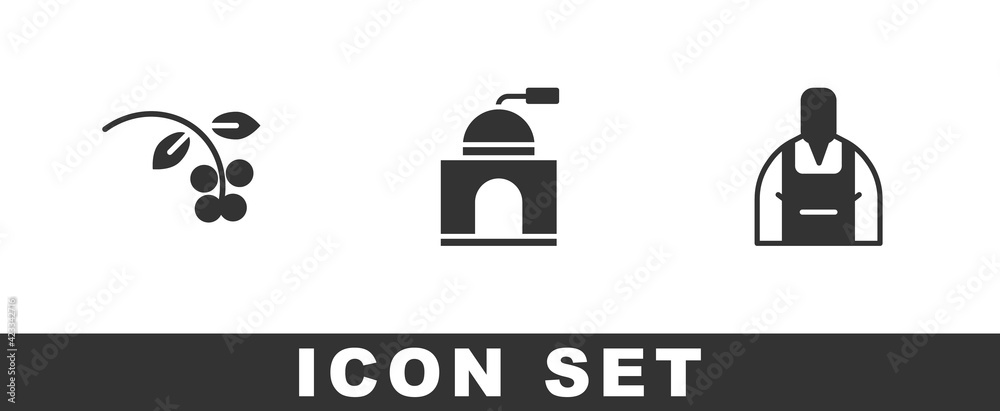 Set Coffee bean, branch, Manual coffee grinder and Barista icon. Vector