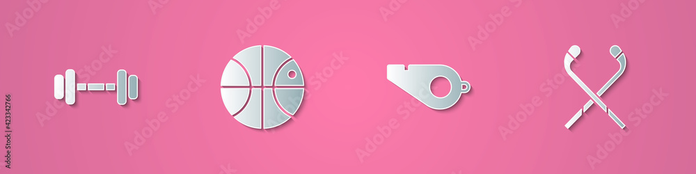 Set paper cut Dumbbell, Basketball ball, Whistle and Ice hockey sticks icon. Paper art style. Vector Set paper cut Dumbbell, Basketball ball, Whistle and Ice hockey sticks icon. Paper art style. Vector