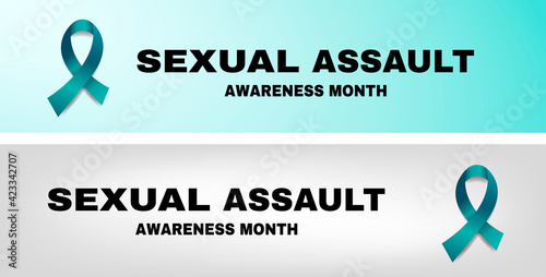 Sexual assault awareness month concept. Banner template with teal ribbon. Vector illustration.