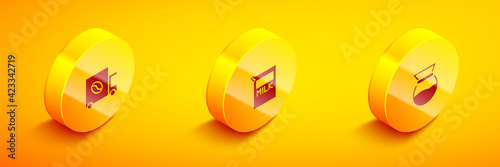 Set Isometric Coffee street truck machine, Paper package for milk and Pour over coffee maker icon. Vector