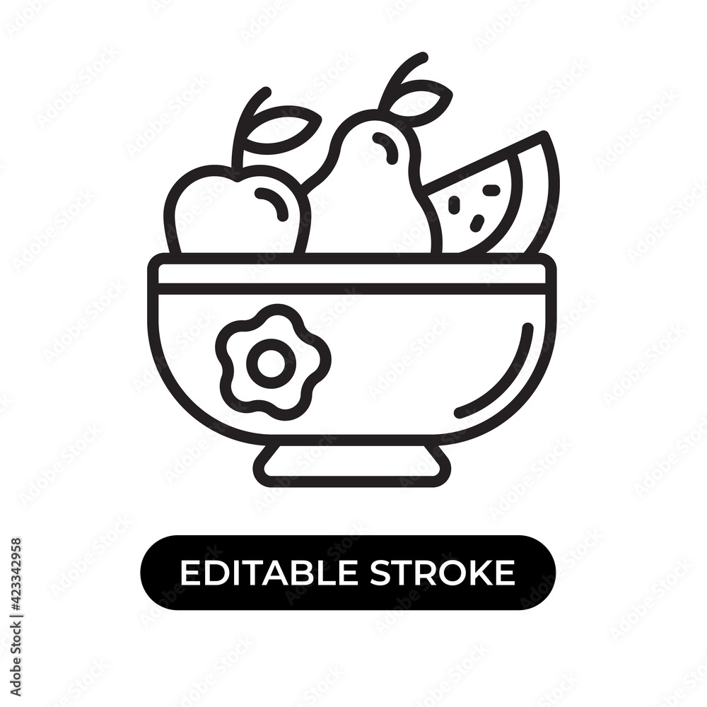 Vector illustration of fruit icon. Bowl with apple, pear, and watermelon fruit. Editable stroke with line design style Vector illustration of fruit icon. Bowl with apple, pear, and watermelon fruit. Editable stroke with line design style