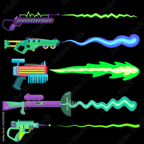 vector illustration of blasters shooting a beam. concept drawing of alien weapons. plasma shot. colorful unusual weapons for children. objects on a black background for computer games.