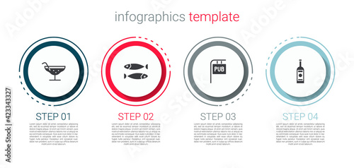 Set Cocktail, Dried fish, Street signboard with Pub and Glass bottle of vodka. Business infographic template. Vector