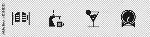 Set Saloon door, Beer tap with glass, Martini and Wooden barrel rack icon. Vector