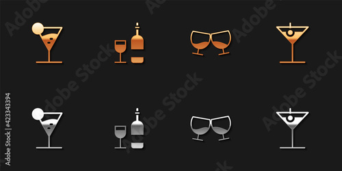 Set Martini glass, Wine bottle with, Glass of cognac or brandy and icon. Vector
