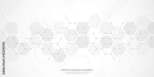Abstract background of hexagons pattern and chemical engineering, genetic research, molecular structure. Vector illustration for innovation technology concept, science, healthcare, and medicine design