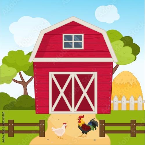 Illustration of a farm landscape in cartoon style. Red barn on the field. Farm scene with  cock and hen.
