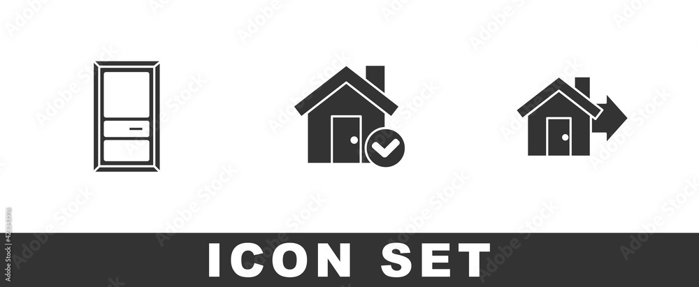 Set Closed door, House with check mark and Sale house icon. Vector