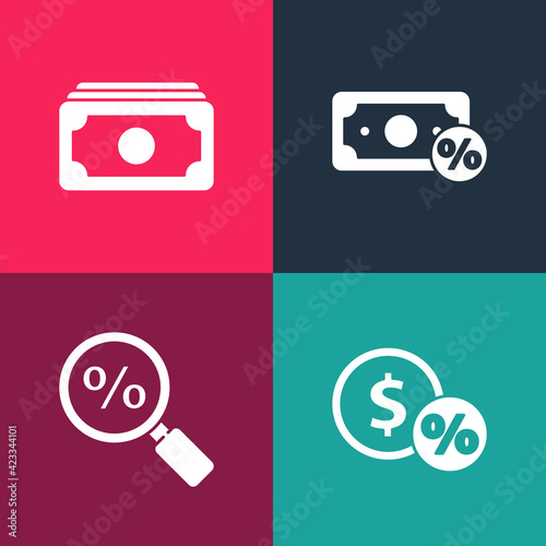 Set pop art Money coin with percent, Magnifying glass, and Stacks paper money cash icon. Vector
