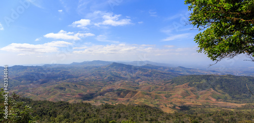 Panorama photo of landscape of mountain in the forest with blue sky and white clouds in Thailand, Asia. at day time.