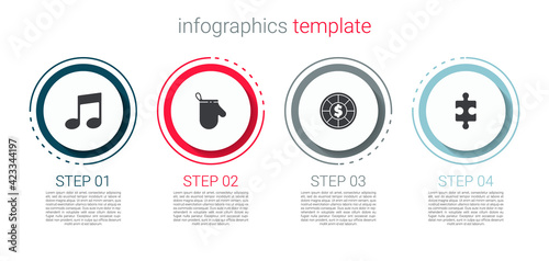 Set Music note, tone, Oven glove, Casino chips and Piece of puzzle. Business infographic template. Vector