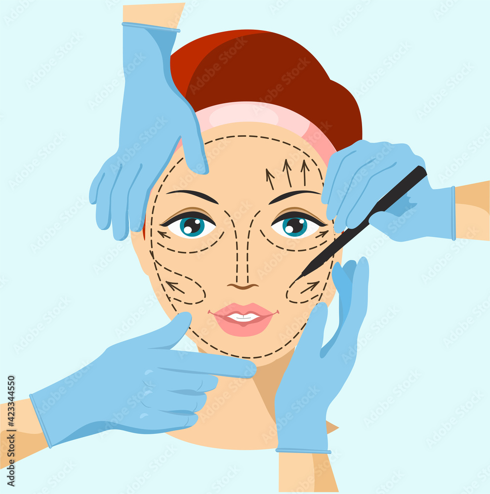 Vector illustration of hands near woman face, symbol of plastic surgery. Skin anti aging, beauty treatment. Face lifting, rhytidectomy procedure, facelift surgery concept.
