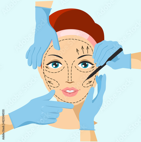 Vector illustration of hands near woman face, symbol of plastic surgery. Skin anti aging, beauty treatment. Face lifting, rhytidectomy procedure, facelift surgery concept.