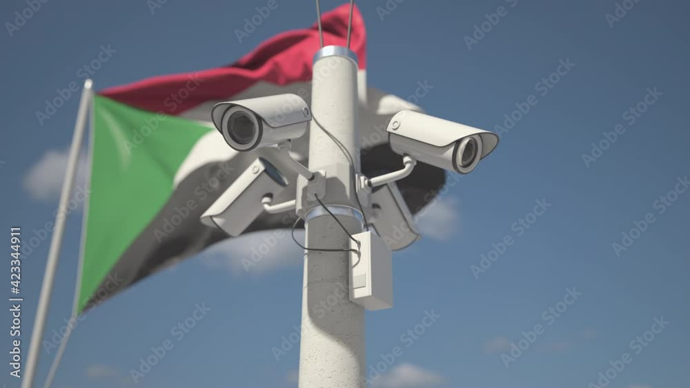 Security cameras on the pole near flag of Sudan, looping 3d animation Security cameras on the pole near flag of Sudan, looping 3d animation