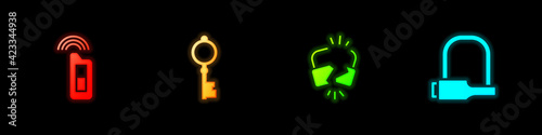 Set Car key with remote, Old, Broken or cracked lock and Bicycle icon. Vector