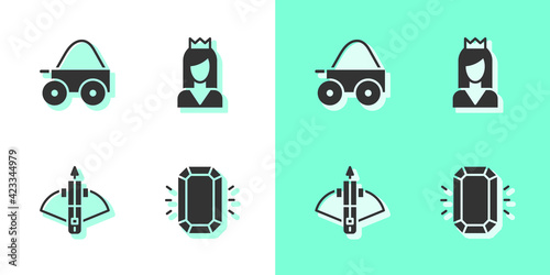 Set Diamond, Wooden four-wheel cart, Battle crossbow with arrow and Princess icon. Vector