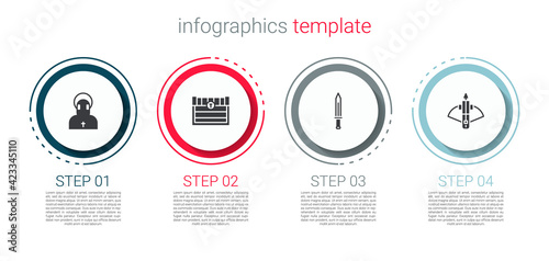 Set Monk, Antique treasure chest, Medieval sword and Battle crossbow with arrow. Business infographic template. Vector
